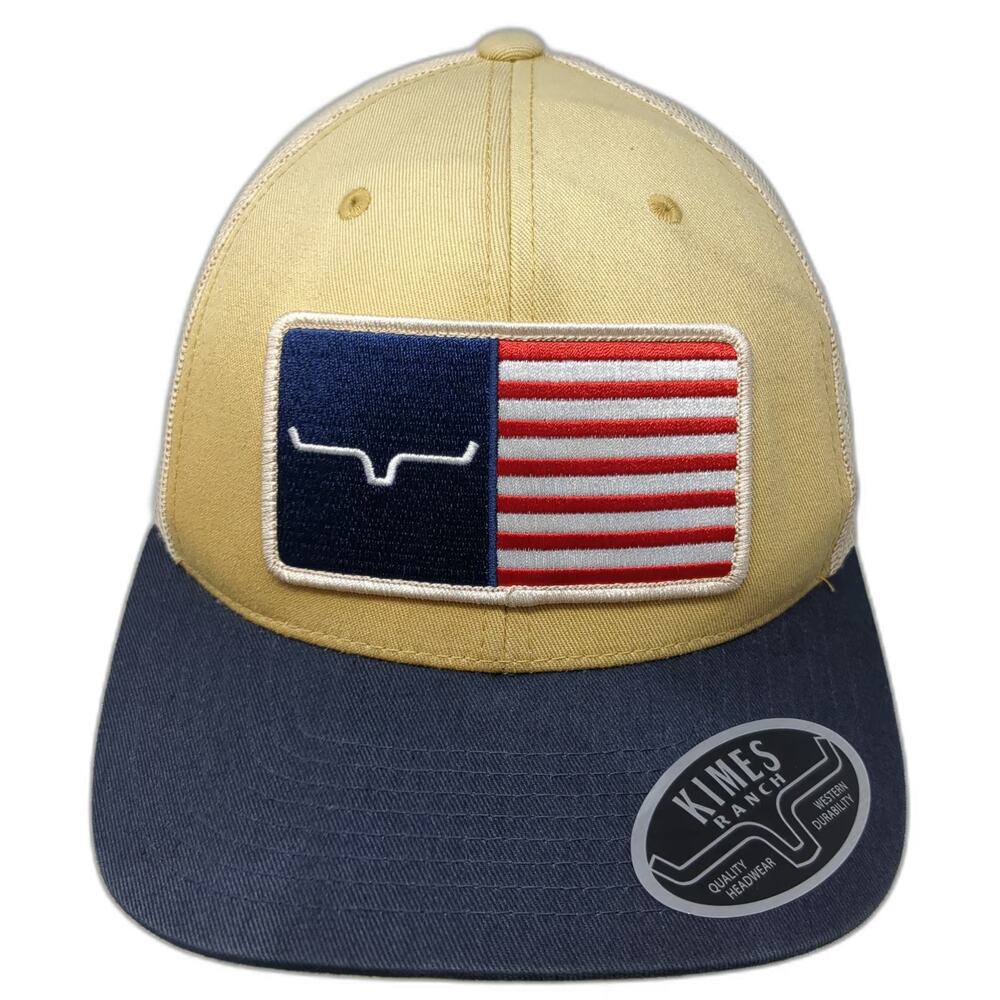 Kimes Ranch Trucker Hat Beige Blue American Flag Logo One Size Mesh Snapback